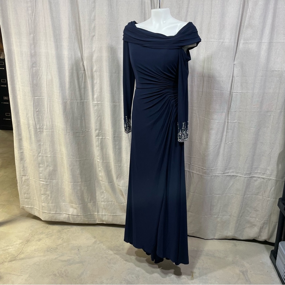 Mac Duggal Navy Beaded Cuff Drop Shoulder Faux Wrap Gown